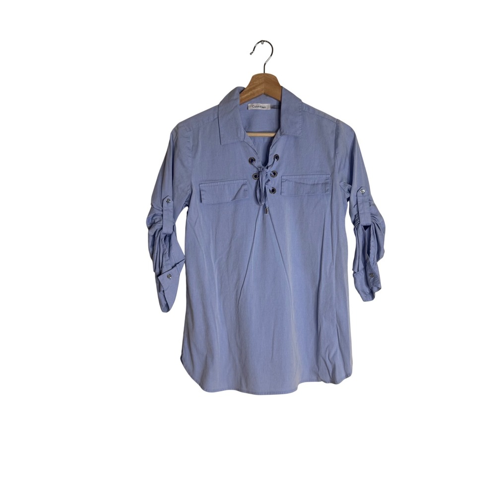 Calvin Klein Women's Lace Up Front Utility Blouse Blue Size S